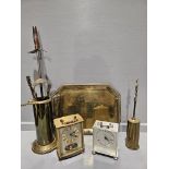 Brass Tray, Companion Set, 2 Mantel Clocks, Photograph Frame Etc
