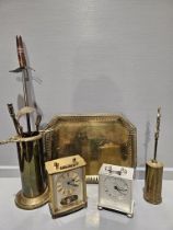 Brass Tray, Companion Set, 2 Mantel Clocks, Photograph Frame Etc