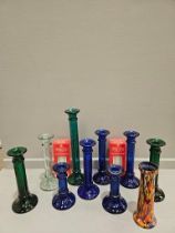 9 Victorian Coloured Glass Candlesticks, Glass Vase & A Quantity Of Candles