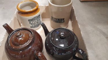 2 Ware Kitchen Utensils Jars & 2 Brown Betty Teapots