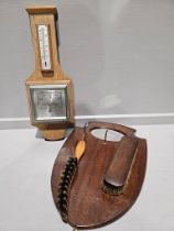 Box Including Oak Vanity Mirror & 2 Brushes, Barometer, Place Mats Etc