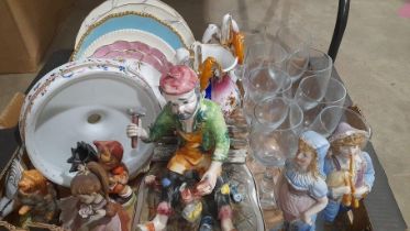 Box Including Capodimonte Figure, Various Plates, Glassware Etc