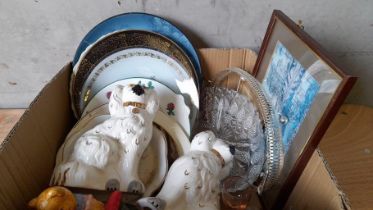 Box Including Pair Of Staffordshire Dogs, Plates. Glassware Etc