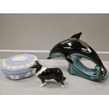 Poole Dolphin, Beswick Collie Dog & Wedgwood Lidded Dish