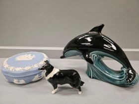 Poole Dolphin, Beswick Collie Dog & Wedgwood Lidded Dish