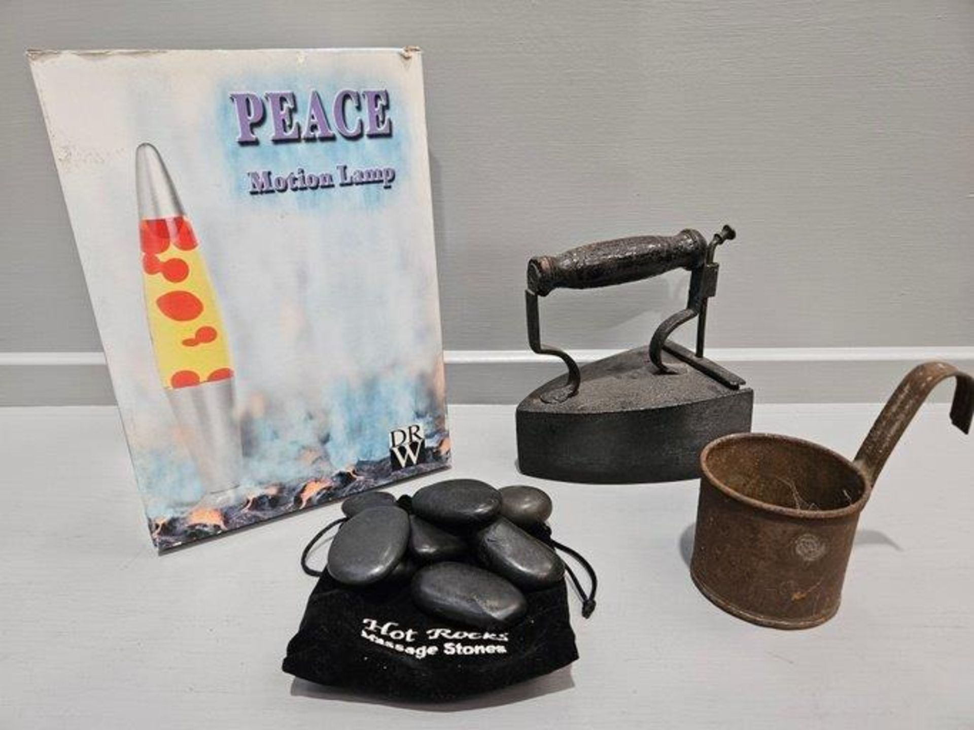Box Including Peace Motion Lamp, Box Iron, Assorted Cassettes Etc