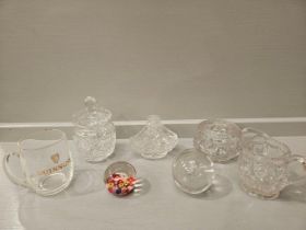 Box Including 2 Glass Paperweights, Cream & Sugar, Lidded Jam Pot, Guinness Glass Etc