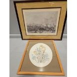Coloured 'Hexham' Etching & 5 Needlework Pictures In Frames