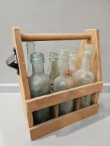 Bottle Carrier, 6 Old Bottles & Assorted Glassware