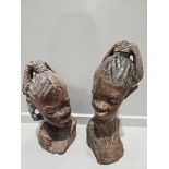 2 African Carved Wood Heads H34cm & H28cm