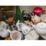 Box Including Assorted Teapots, Money Box Etc