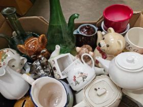 Box Including Assorted Teapots, Money Box Etc