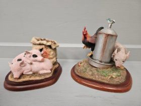 2 Border Fine Arts James Herriot 'Contented' A5905 On Wood Base & 'Cockerel & Piglet At Waterer On W