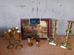 Quantity Of Brassware - Candlesticks, Goblets, Place Mats, Barometer Etc