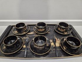 Oriental Lacquered Tea Service On Tray & Spirit Cups On Tray (A/F)