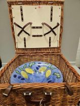 Large Picnic Basket & Large Blue Lemon Patterned Fruit Bowl