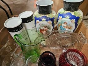 Box Including 2 Mantel Vases (A/F), Water Jug, Dish, Glasses Etc
