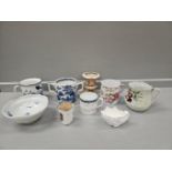 Box Including Blue & White 2 Handled Loving Cup, Other Mugs Etc (A/F)