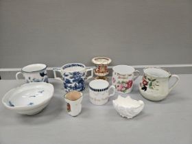 Box Including Blue & White 2 Handled Loving Cup, Other Mugs Etc (A/F)