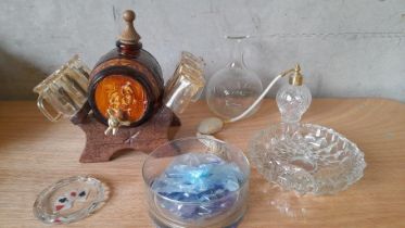 Box Including Barrel Decanter On Stand With Glasses, Ashtray, Scent Bottle Etc