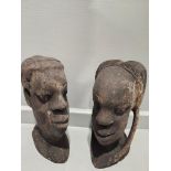 2 African Carved Wood Heads & 3 Carved Figures