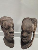 2 African Carved Wood Heads & 3 Carved Figures