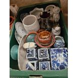 Box Including Blue & White Oriental Mantel Vases, Jugs, Plates Etc