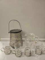Cut Glass Water Jug, Glass Lantern, Vase, Tea Glasses With Metal Holders Etc