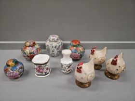 Box Including Oriental Lidded Jars, Teapot, Vases, Mugs, Egg Cups Etc