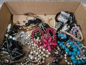 Box Of Costume Jewellery & 3 Fans Etc
