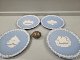 4 Blue Wedgwood Plates, Denby Bowl, Onyx Egg, Adams Sporting Scene Plate, Indian Tree Vase Etc