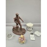 Sporting Figurine (A/F), Mug, Royal Albert Jeremy Fisher Figurine. Clock Etc