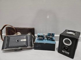 Billy Record Camera In Leather Case, Ensign Ful-Vue Box Camera & Film Splicer