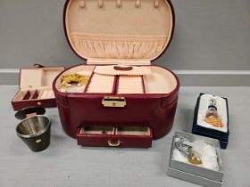 Box Including Jewellery Box, Empty Perfume Bottles, Hip Flask, Spirit Cups In Leather Case Etc