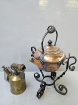 Copper Kettle On Stand & Brass & Brass Blow Lamp