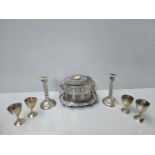 Plated Candlesticks, Biscuit Barrel, Cream & Sugar Etc