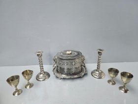 Plated Candlesticks, Biscuit Barrel, Cream & Sugar Etc