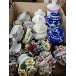 Box Including Dressing Table Pots, China Flower Posy Vases, Etc