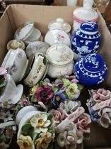 Box Including Dressing Table Pots, China Flower Posy Vases, Etc