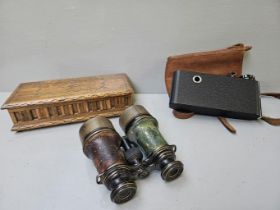 Oak Music Box, Painting Set In Tin Box, Camera & Binoculars