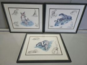 3 Prints In Frames Signed Nigel Hemming - Badgers, Foxes, Otters