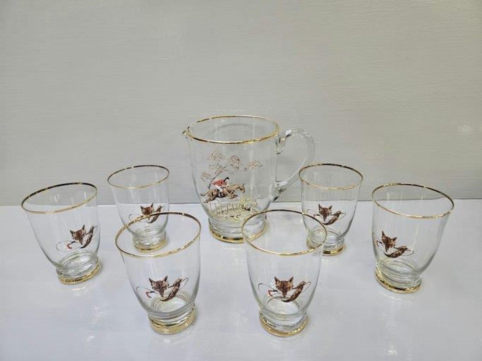 7Pc Hunting Scene Water Set, 3 Glass Lidded Preserve Pots Etc