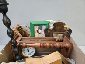 Box Including Wall Clock, Small Oak Vanity Mirror, Candlesticks, Treen Etc