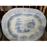 Large Victorian Blue & White Meat Plate & 3 Others