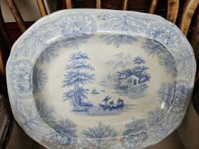 Large Victorian Blue & White Meat Plate & 3 Others