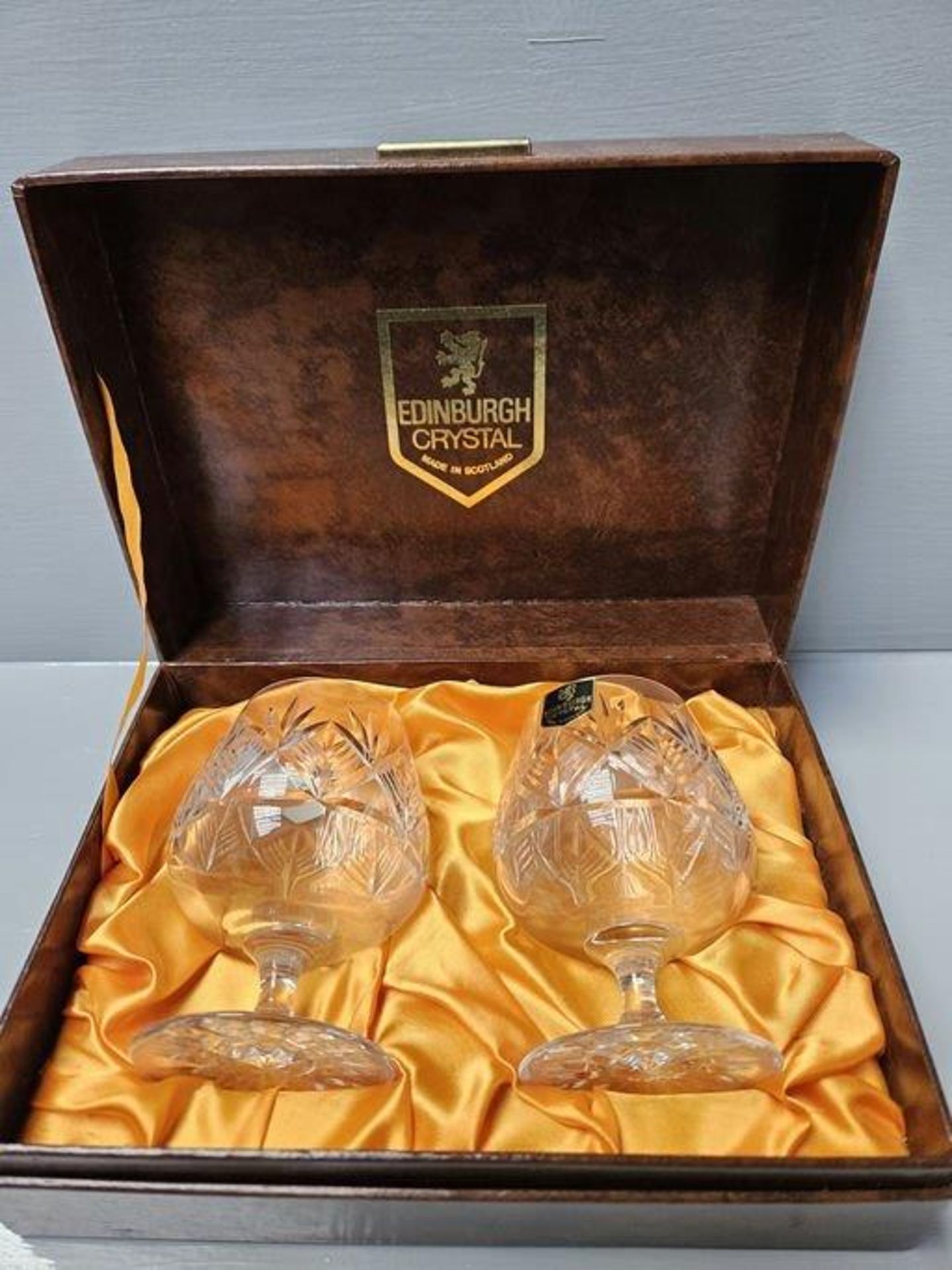 2 Edinburgh Crystal Brandy Glasses In Case, Pewter Lidded Coffee Pot, Glass Oil Vessel Funnel