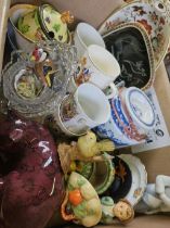 Box Including Coronation Mugs, Assorted Dishes, Oriental Teapot, Bird Figures Etc