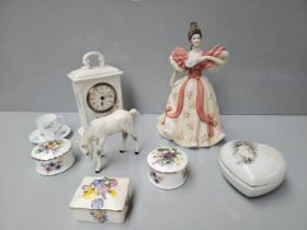 Lady Figurine, Mantel Clock, Beswick Foal (A/F) Etc
