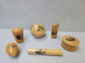 Box Including 10 Mauchline Ware Wool Holder, Pin Boxes Etc