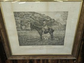 3 Black & White Hunting Scene Prints In Oak Frames